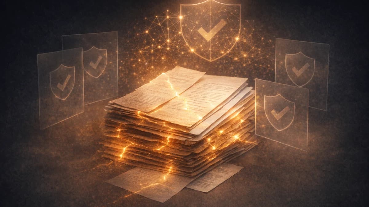 A stack of aging article pages restored with glowing gold seams beneath translucent safety shields.