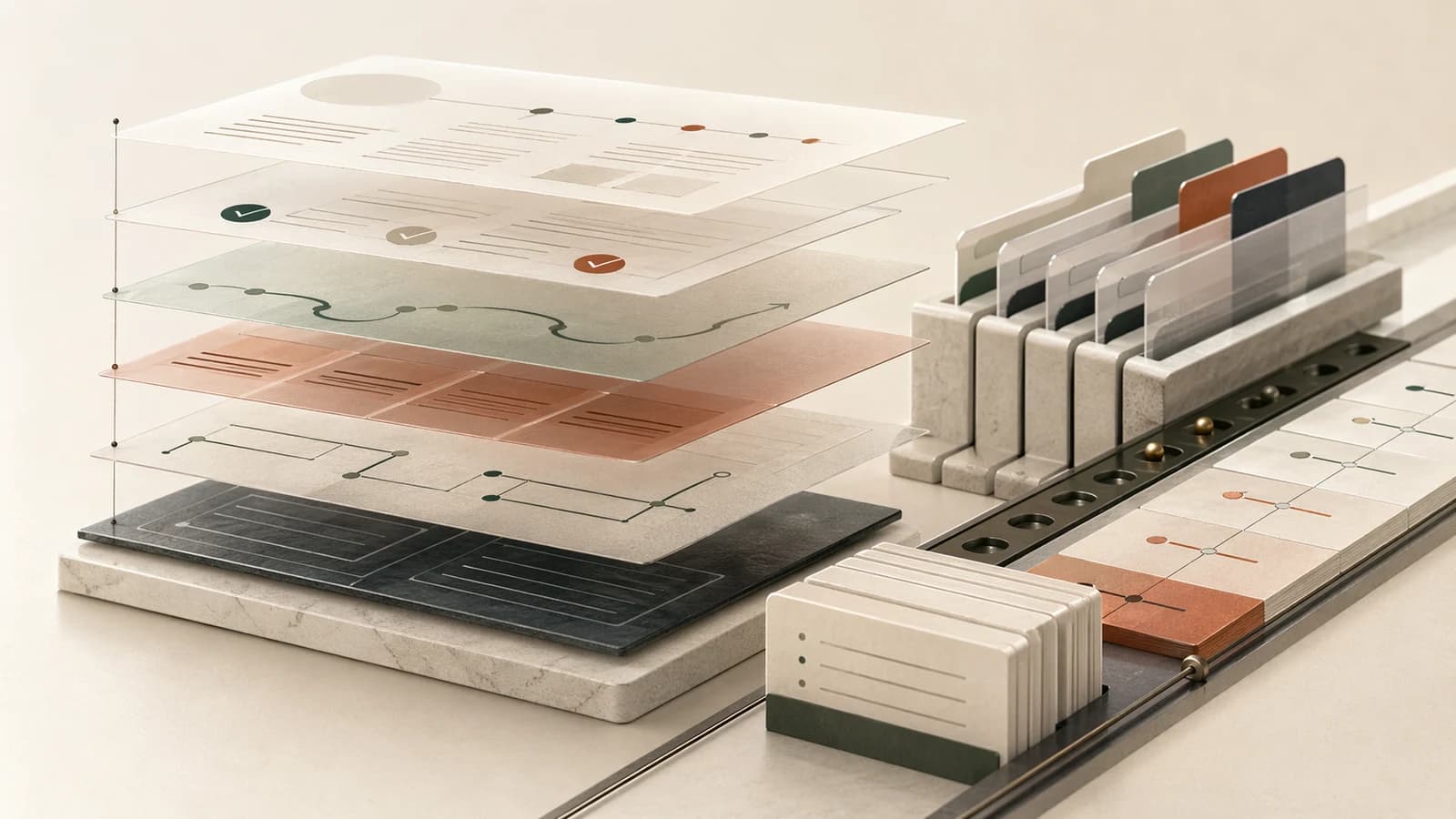 Abstract archive-stack blueprint with layered content slabs, verification markers, citation tabs, and intent pathways representing a behavioral health SEO content brief.