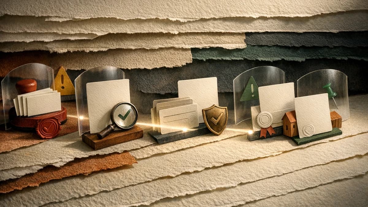 Textured paper cards moving through a protected review pathway with shields, approval markers, and local verification symbols.