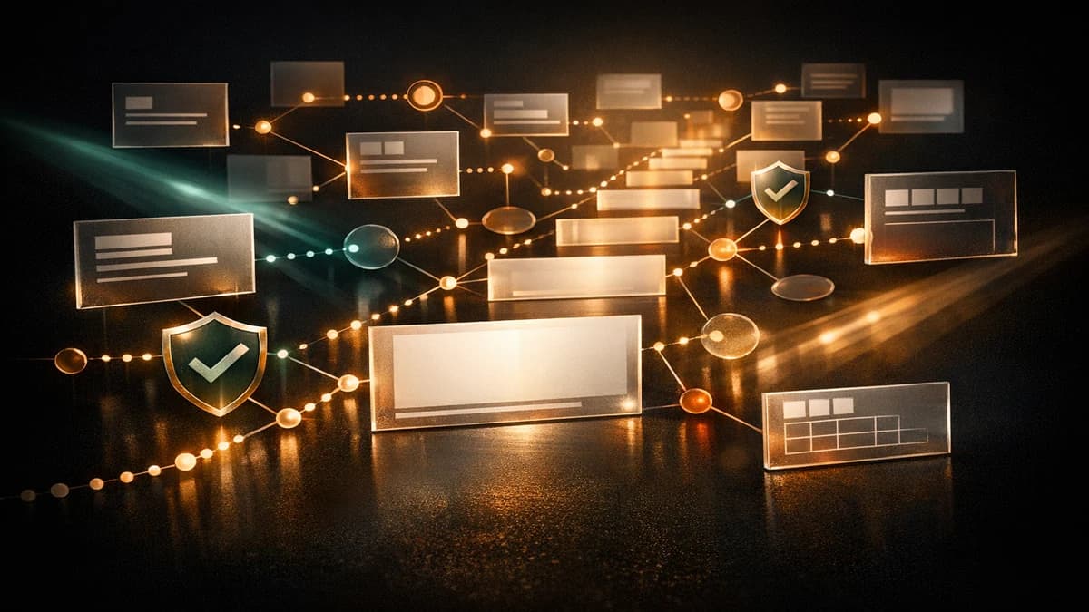 Abstract schema pathway with blank content tiles, connected nodes, search beams, and validation shields.