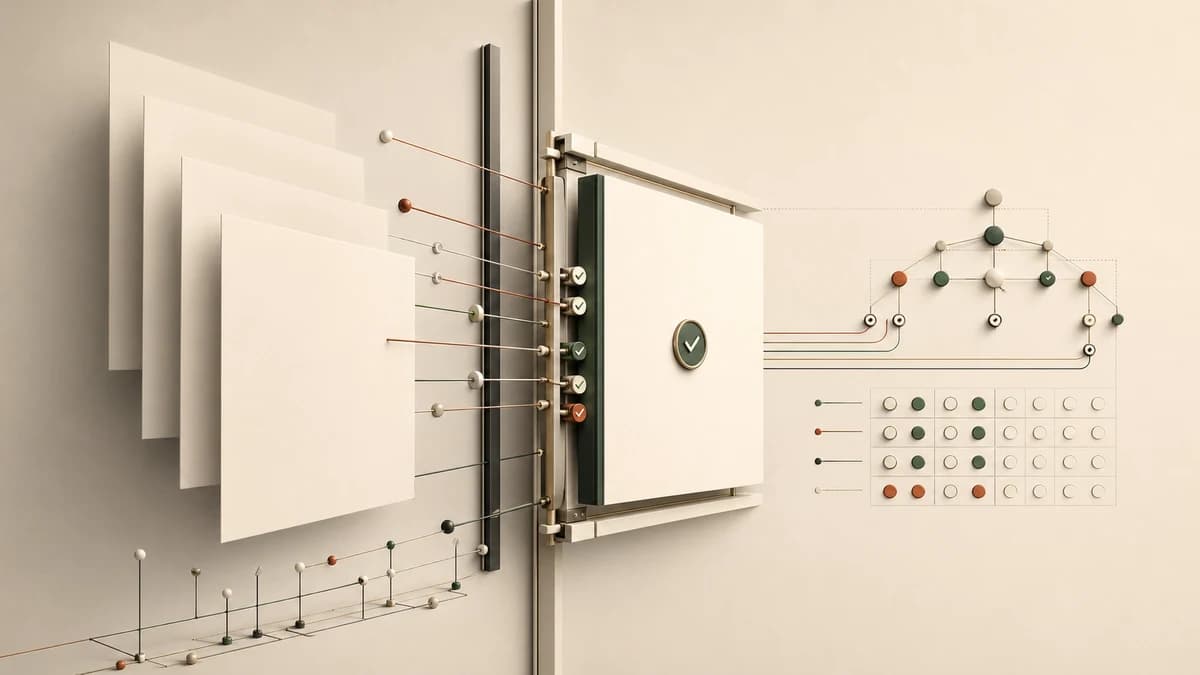 Abstract canonical URL mechanism showing duplicate page layers converging into one verified source of truth.