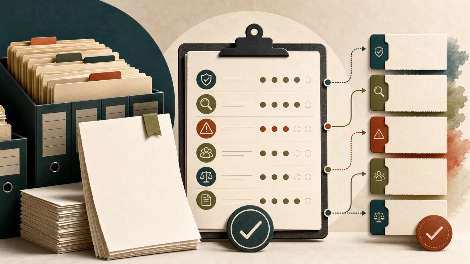 Editorial claim review scorecard with blank content sheets, verification tabs, and restrained risk markers for treatment center SEO content.
