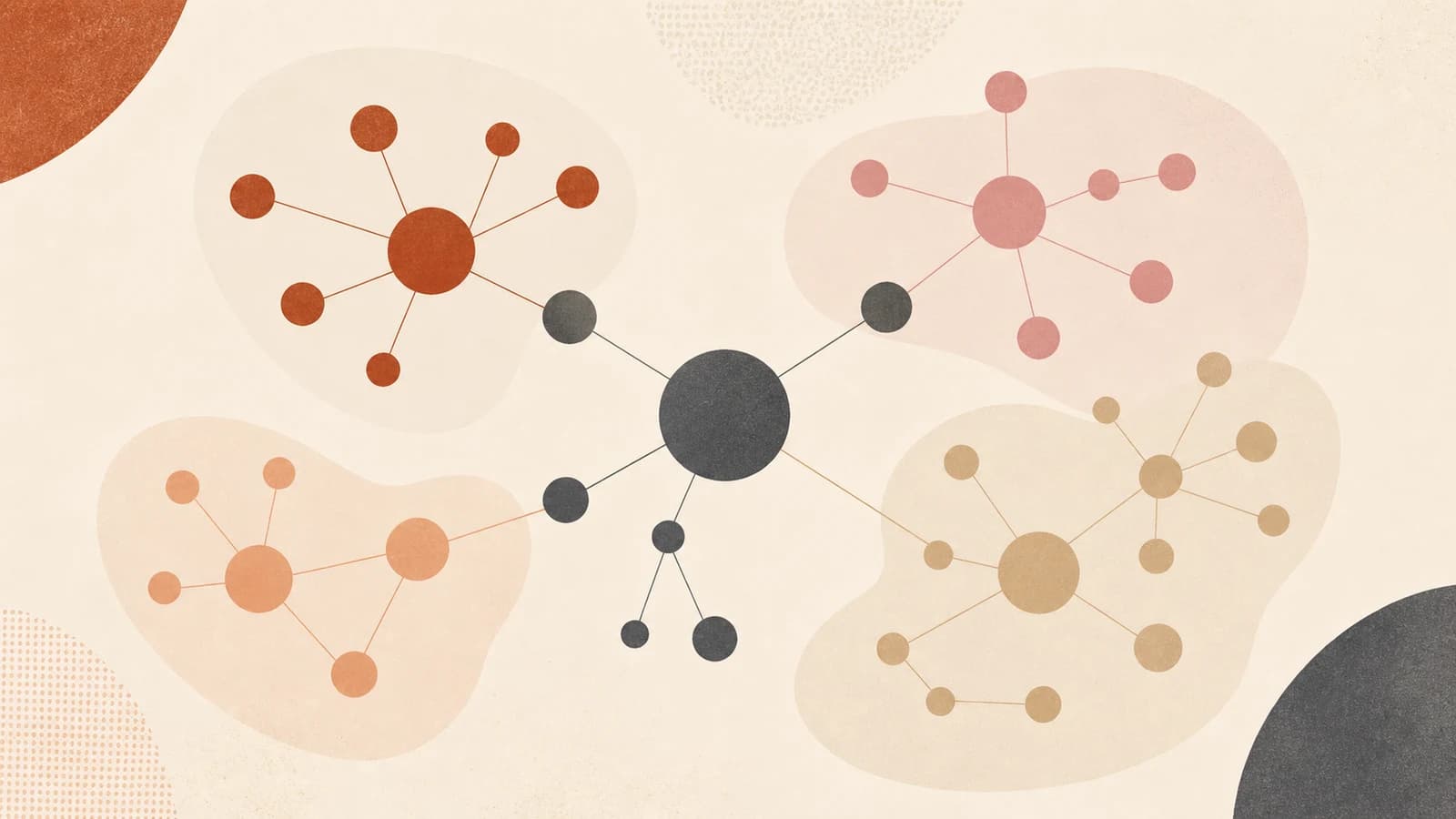 Abstract entity graph connecting services, locations, audiences, and search intents in calm editorial layout.