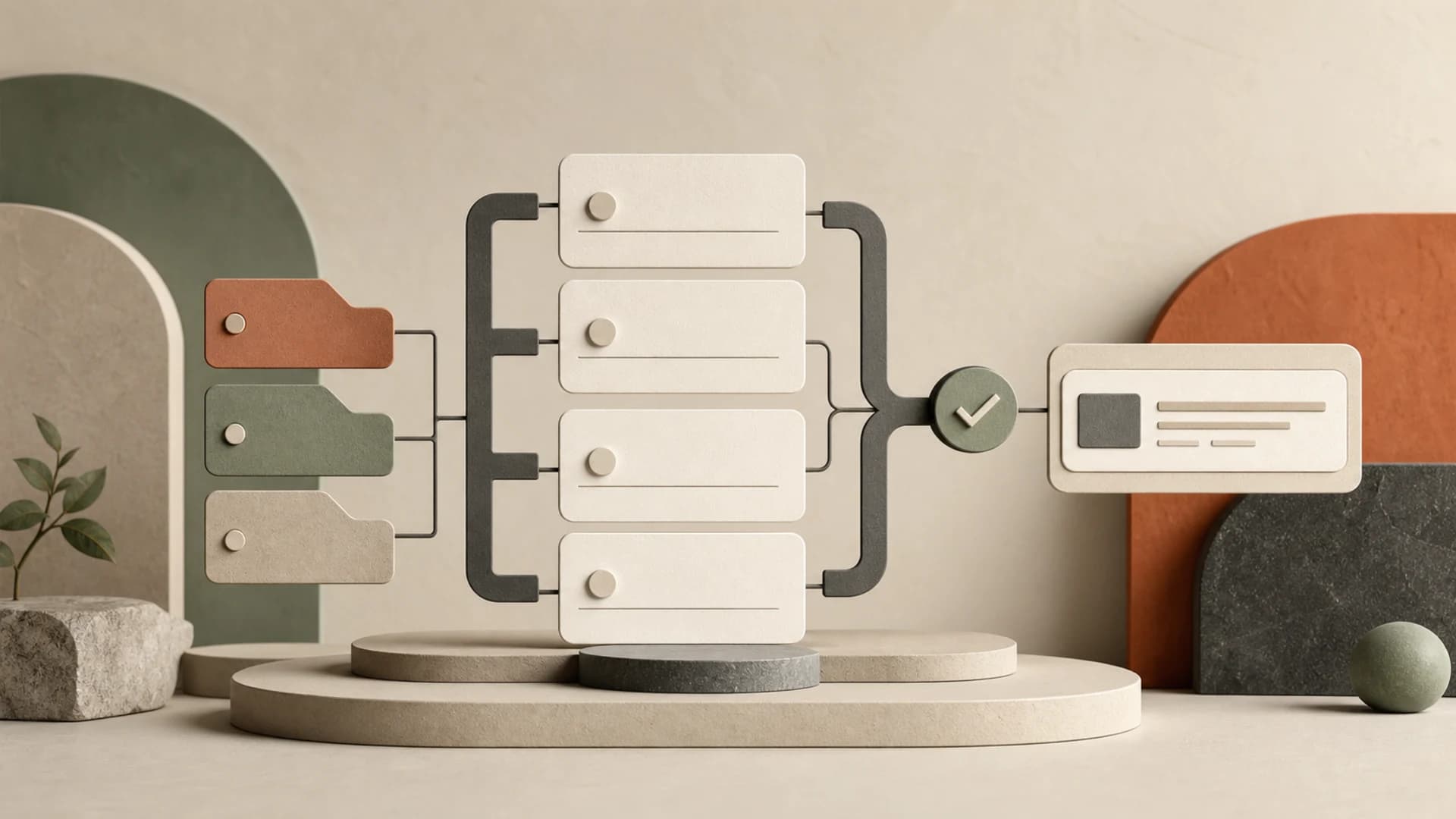Abstract FAQ schema mechanism with blank answer cards, bracket forms, source tabs, and a verification pathway.