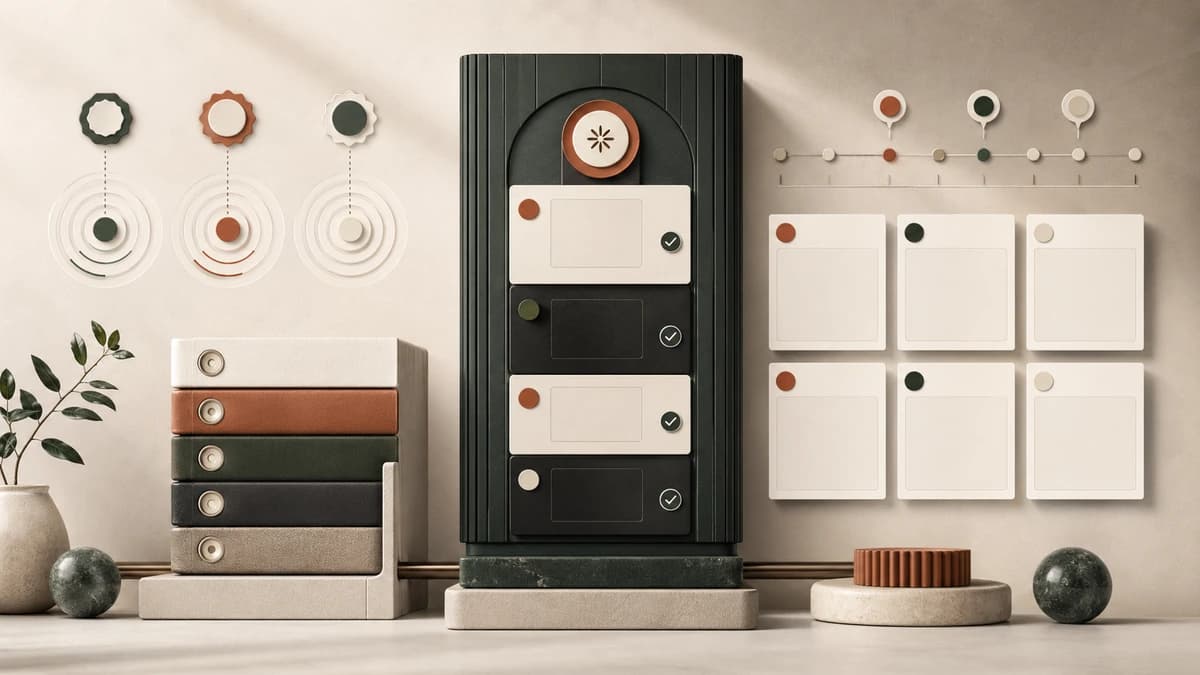 Abstract content tiles, verification markers, and service-area signal rings arranged into a calm local visibility publishing system.