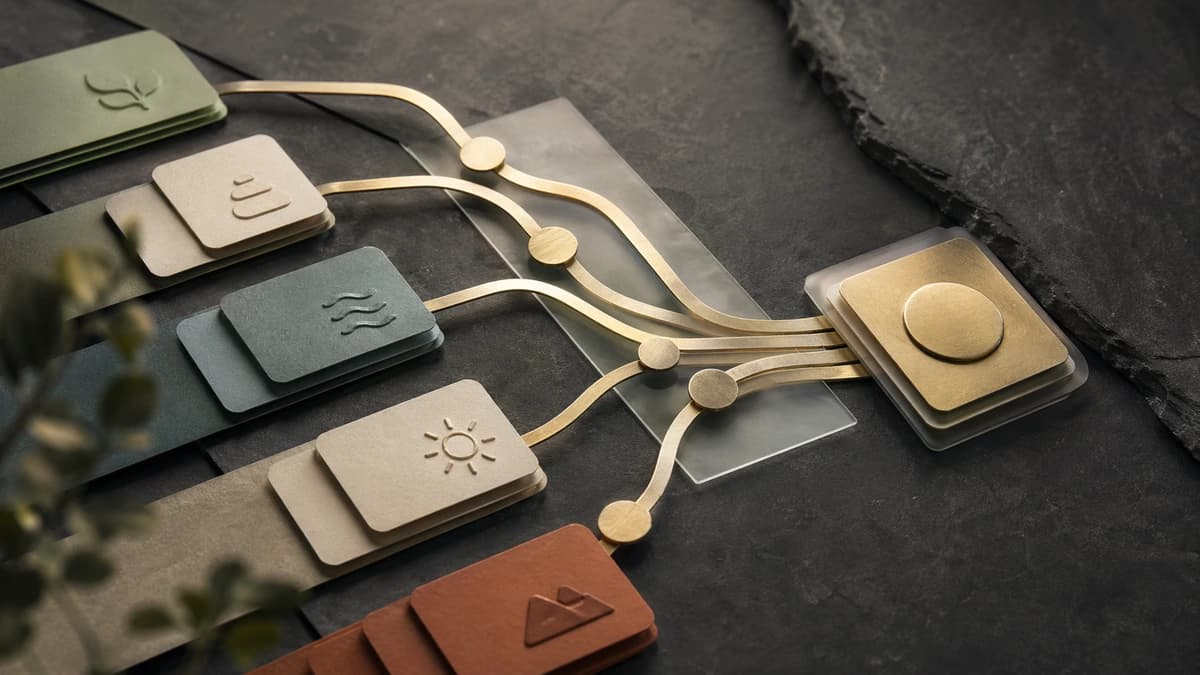 Editorial still life of routed pathway markers, layered content cards, and calibrated connectors representing internal linking discipline.