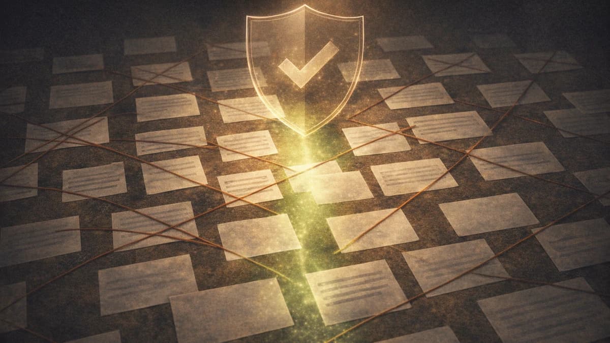 A glass shield above blank claim cards crossed by red review threads and a narrow approved path.