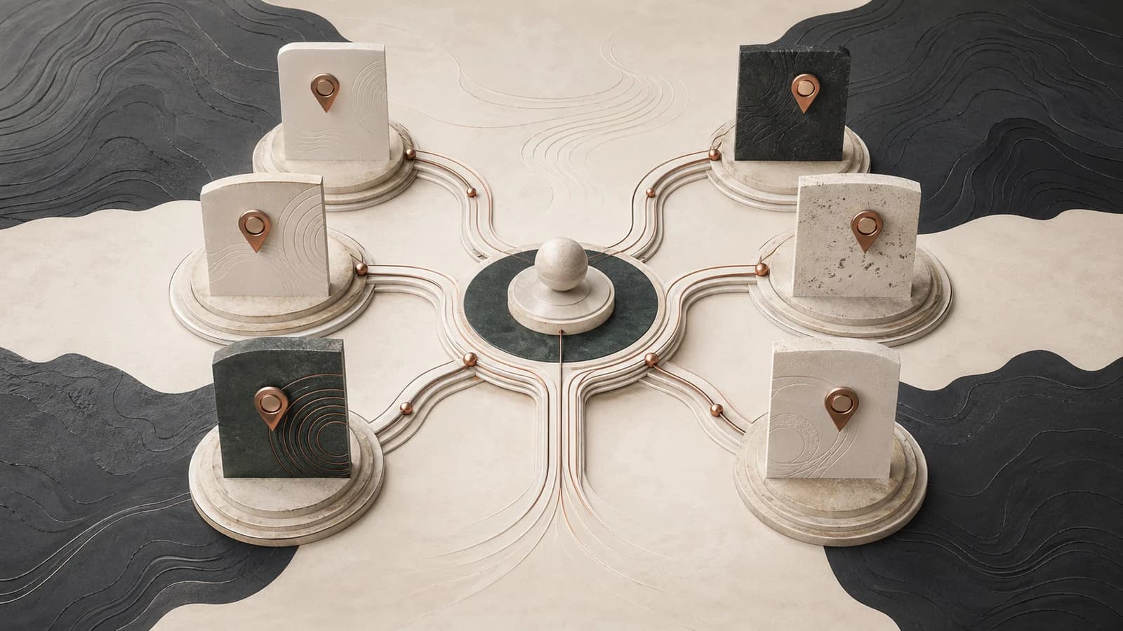 Abstract layered local landing page structures connected by service-area rings, verification pins, and internal-link pathways.