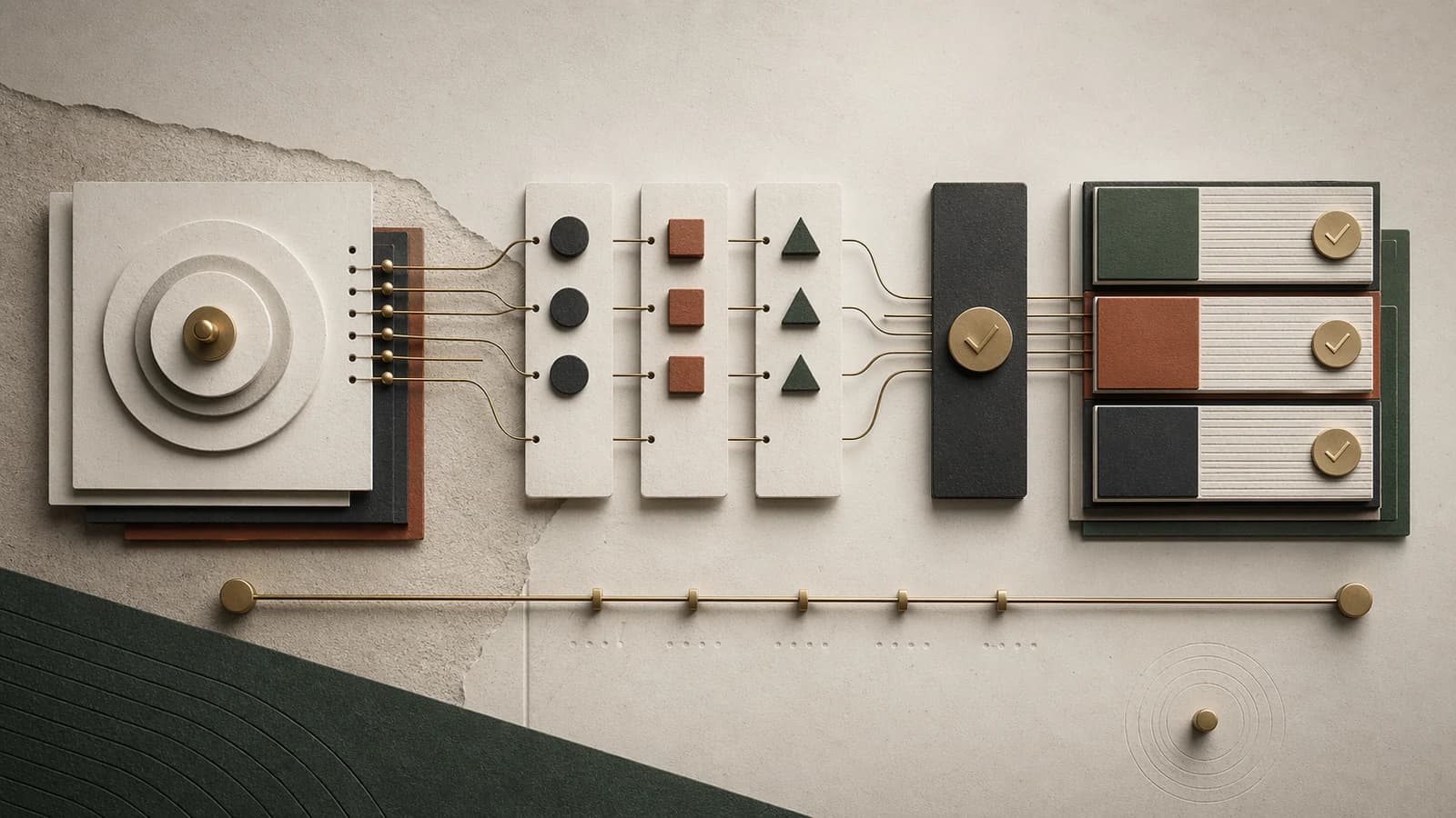 Abstract editorial scorecard mechanism with calibrated markers, signal channels, and verified growth paths representing organic reporting discipline.