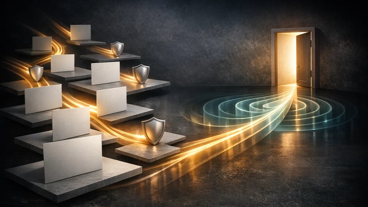 Abstract blank content tiles, review shields, and light paths converging toward an open doorway.