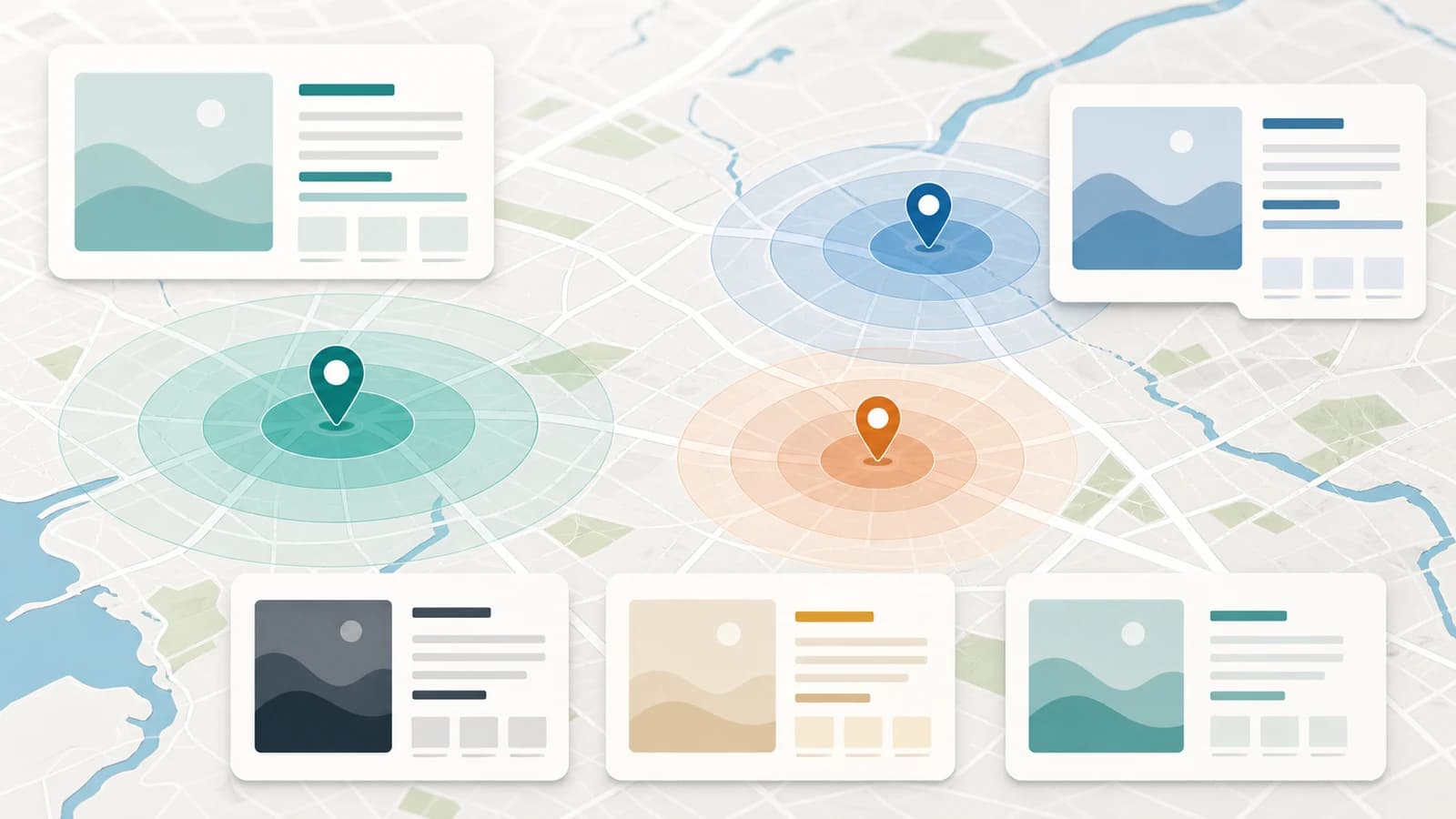 Calm map composition with overlapping service area rings and quiet website content cards in muted editorial tones.