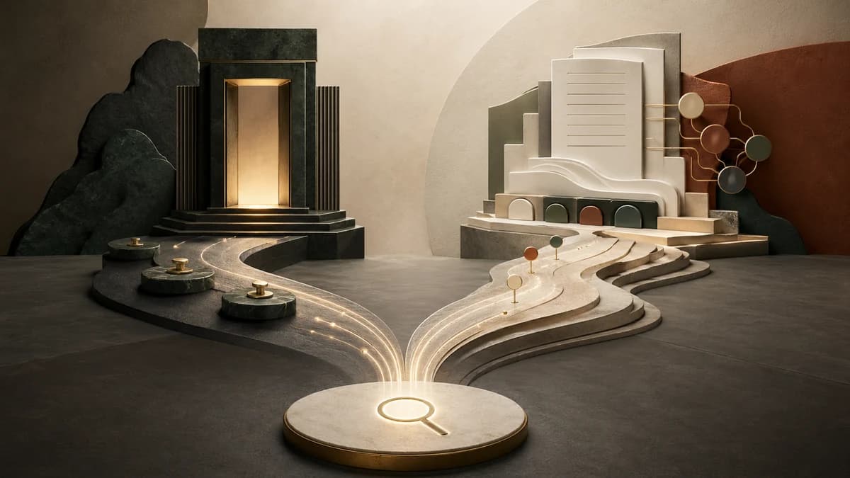 Abstract pathway split between a sturdy service-page threshold and layered editorial article route with verification markers and internal-link threads.