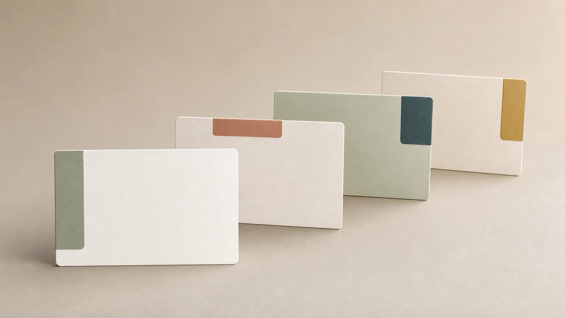 Editorial CTA cards arranged in calm sequence with muted brand accents on a neutral surface.