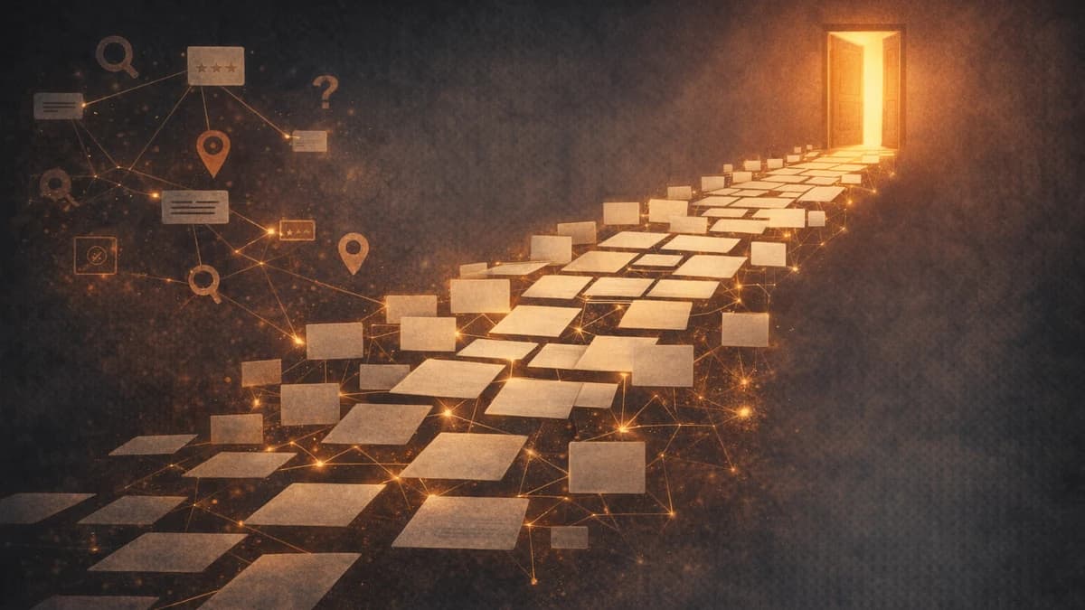 Blank content tiles connected by gold lines forming a bridge toward a warm open doorway.