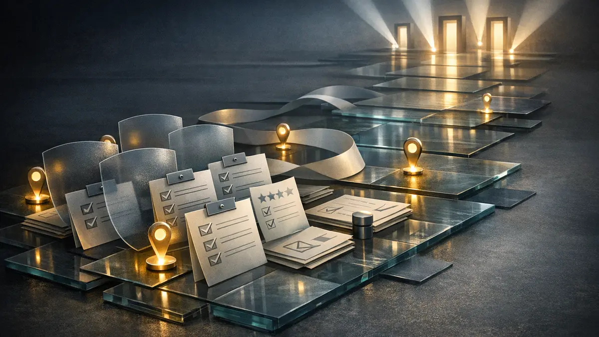 Glass pathway tiles with location beacons, checklist cards, and protective shields representing local SEO visibility.
