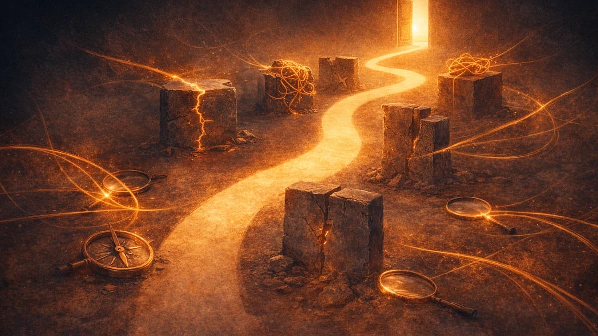A glowing path blocked by five rough stone obstacles, compass pieces, and tangled search beams.