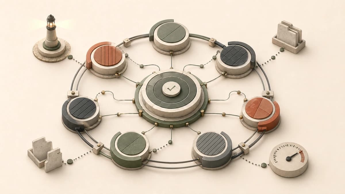Abstract weekly rhythm mechanism with calibrated sequence gates, link pathways, signal markers, and a measurement dial representing treatment center SEO operations.