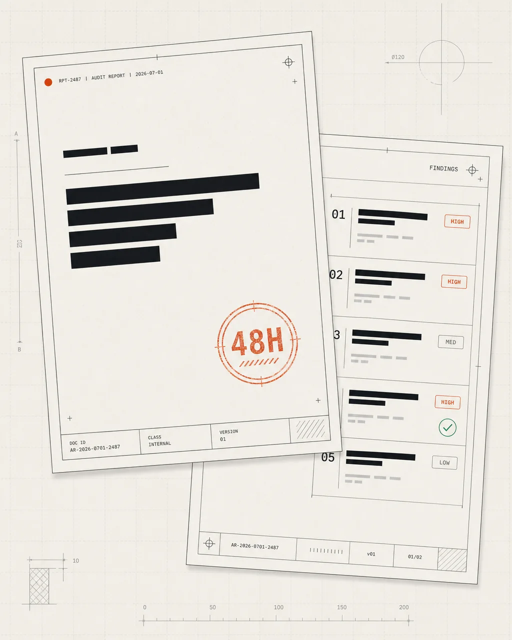 Illustration of the two-page audit report: a stamped 48H cover and a findings page with five prioritized items.