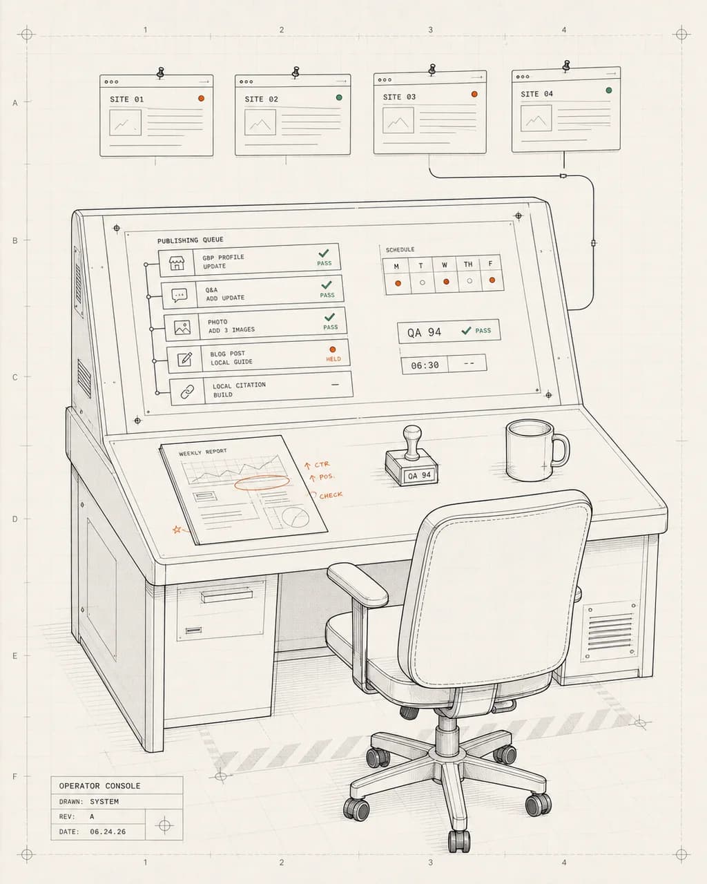 Schematic of an operator console: one empty chair facing a publishing board, standing in for a small Engine-ready marketing site.